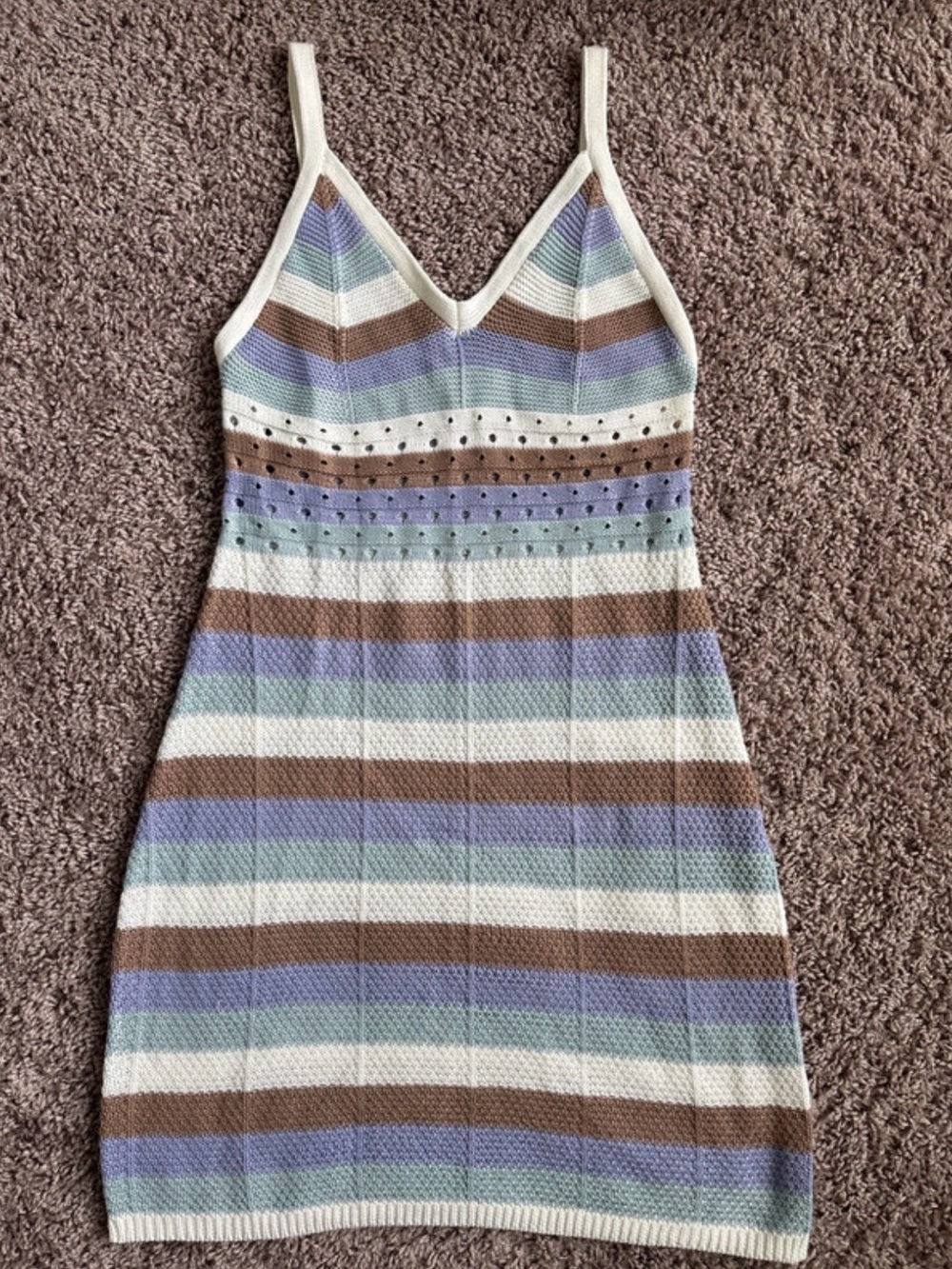 Striped Knit Spaghetti Strap Dress in Brown, Lavender & Cream